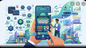 Современная иллюстрация интерфейса мобильного казино на смартфоне Android для статьи о трендах UX 2026 года